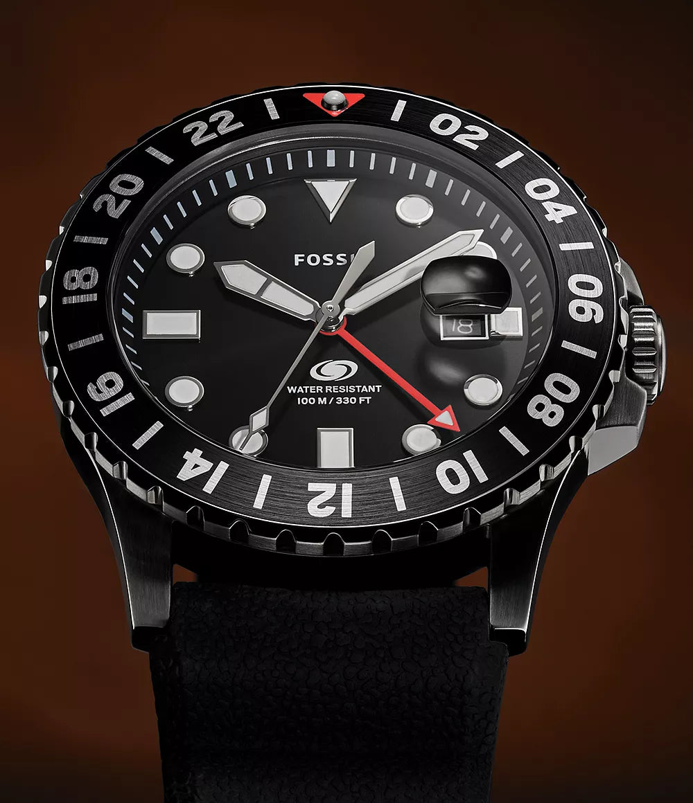 Fossil Blue GMT Black Dial Silicon Strap Men's Watch - FS6036