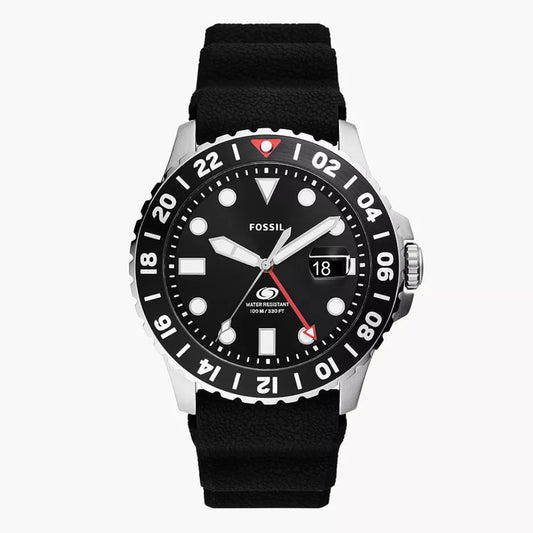 Fossil Blue GMT Black Dial Silicon Strap Men's Watch - FS6036