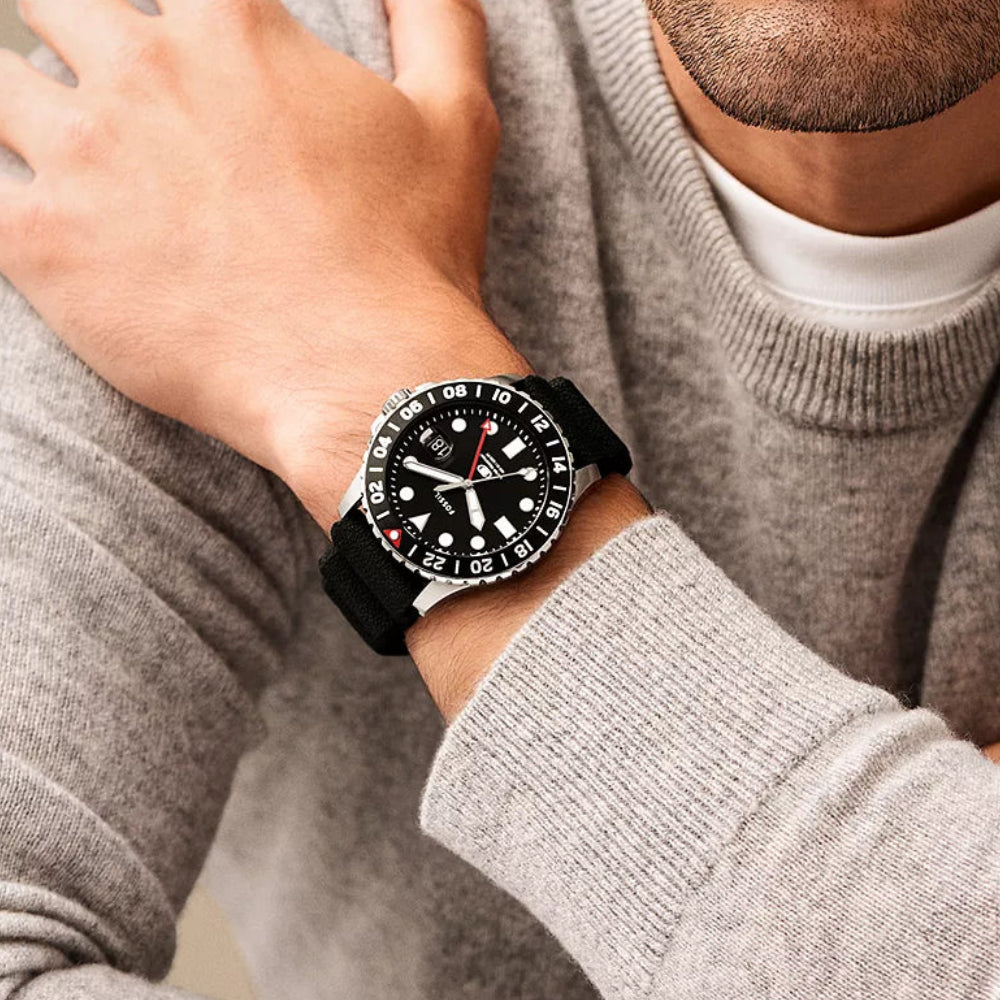 Fossil Blue GMT Black Dial Silicon Strap Men's Watch - FS6036