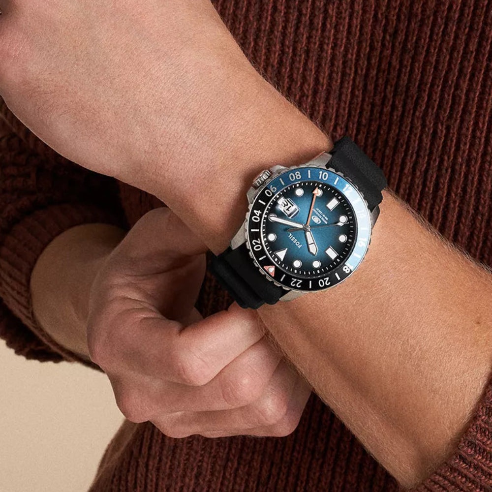 Fossil Blue GMT Black/Blue Dial Silicon Strap Men's Watch - FS6049