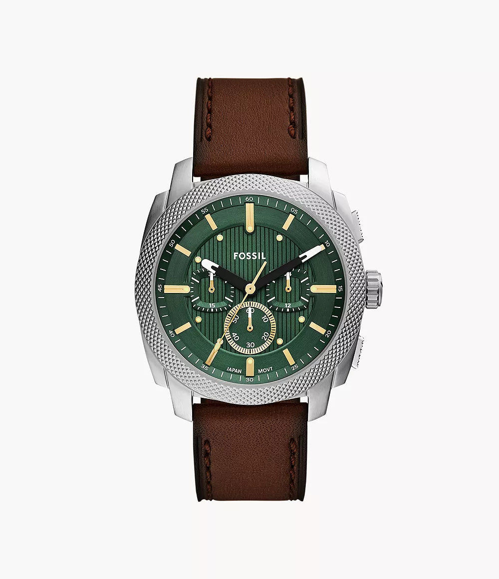 Fossil Machine Green Dial 44mm Chronograph Brown Leather Strap Men's Watch - FS6100