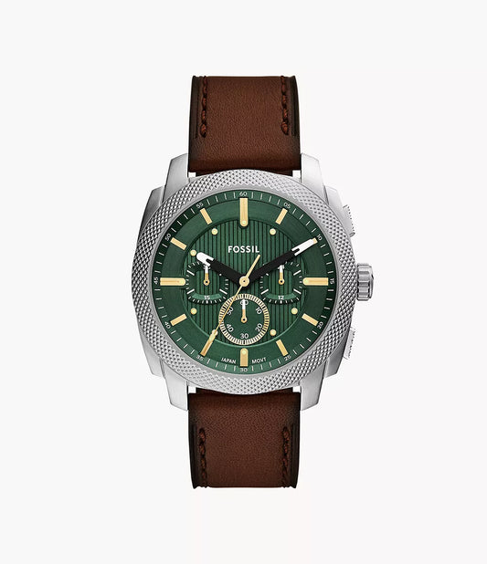Fossil Machine Green Dial 44mm Chronograph Brown Leather Strap Men's Watch - FS6100