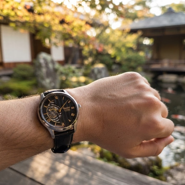 Seiko Presage Japanese Gardens Black Dial 41.8mm Open Heart Men's Watch - HCB008