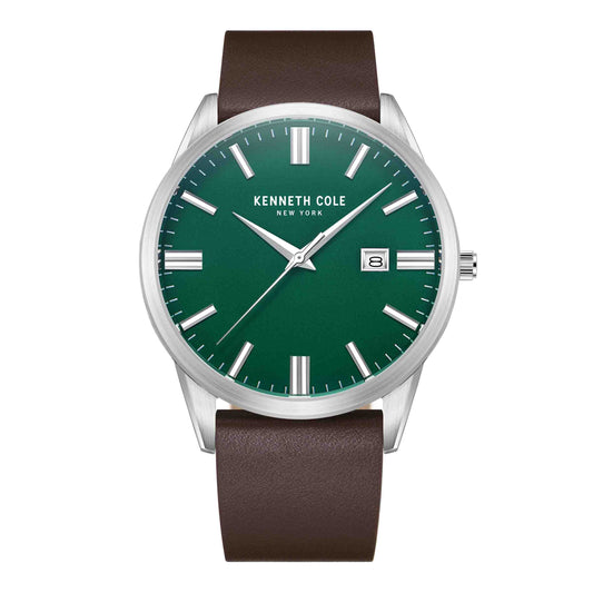 KENNETH COLE Green Dial Brown leather Strap Men's Watch-KCWGB2233605