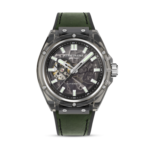 KENNETH COLE Silicon + Leather Strap Black Dial Automatic Men's Watch-KCWGR2136501