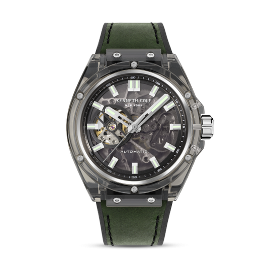 KENNETH COLE Silicon + Leather Strap Black Dial Automatic Men's Watch-KCWGR2136501