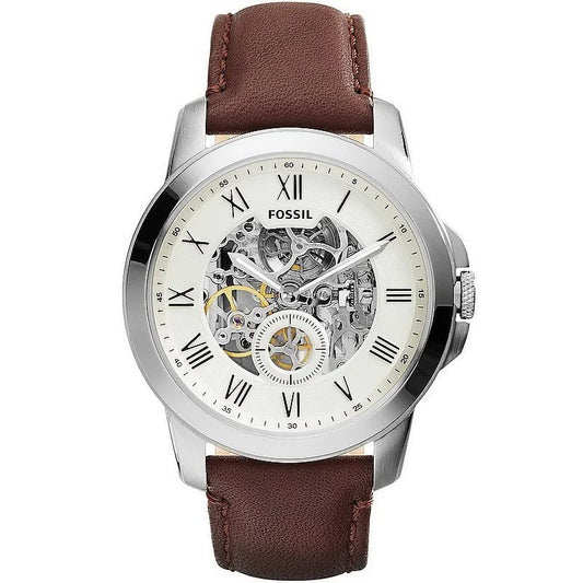 Fossil Grant Skeleton Dial Leather Strap Men's Automatic Watch- ME3052