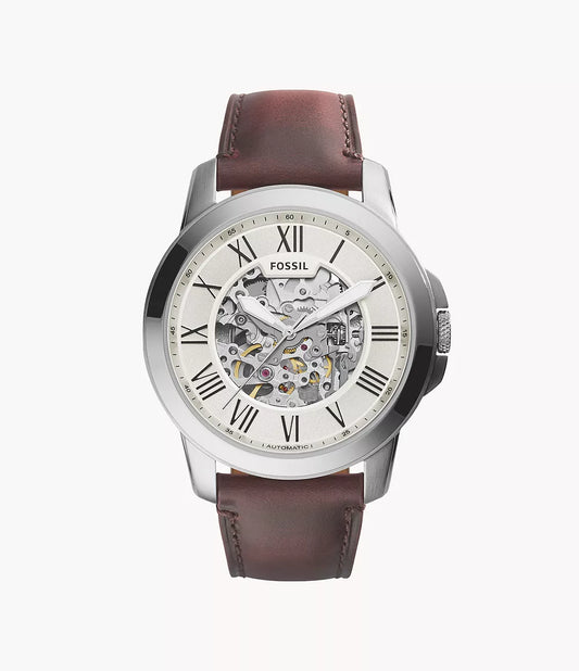 Fossil Grant Skeleton Dial Leather Strap Men's Mechanical Watch - ME3099