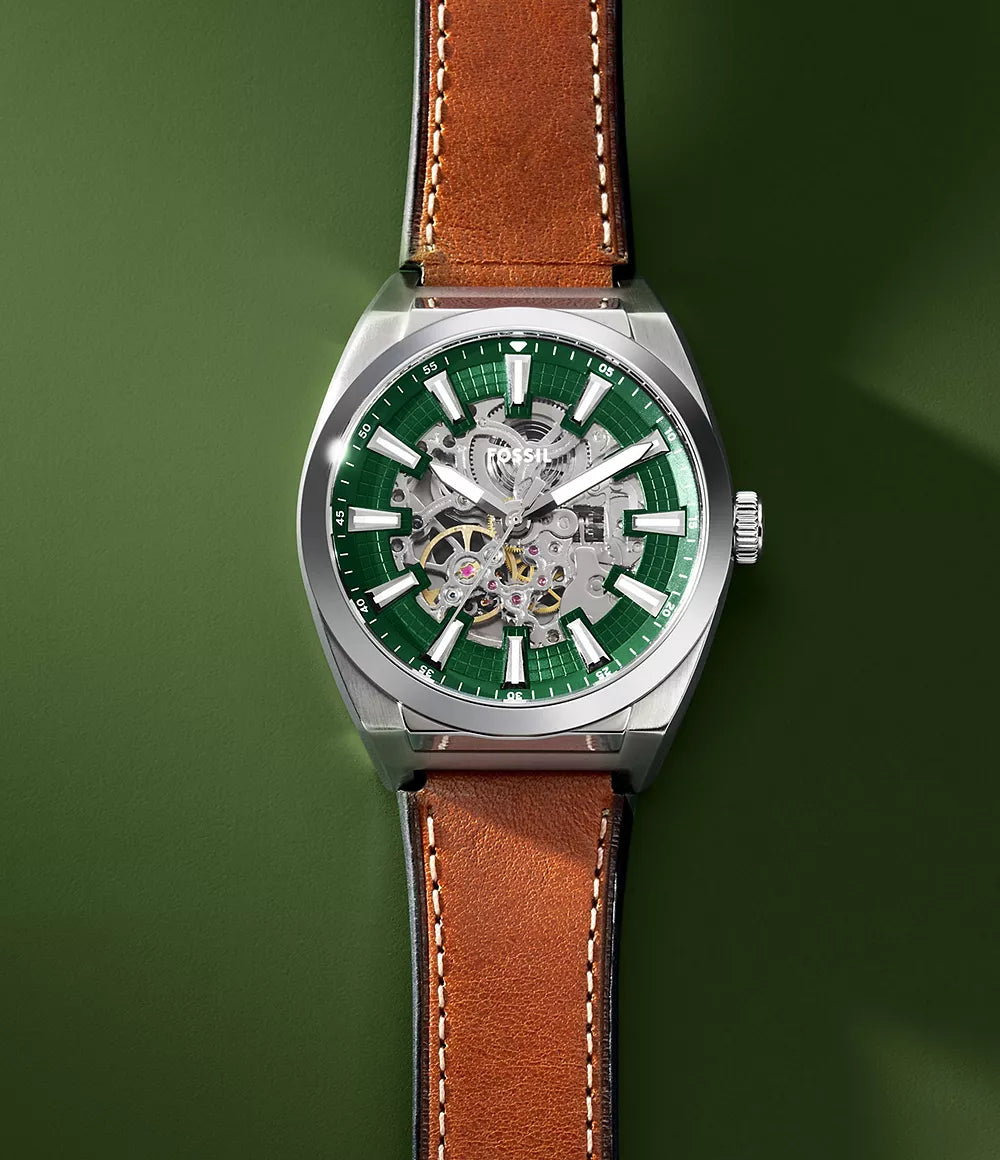 Fossil Everett Automatic Brown Leather Green Dial Men's Watch - ME3261