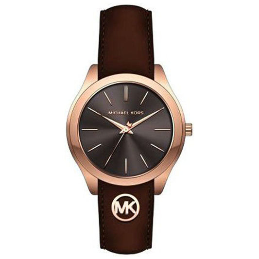 Michael Kors Runway Grey Dial Brown Leather Strap Ladies Watch - MK7489