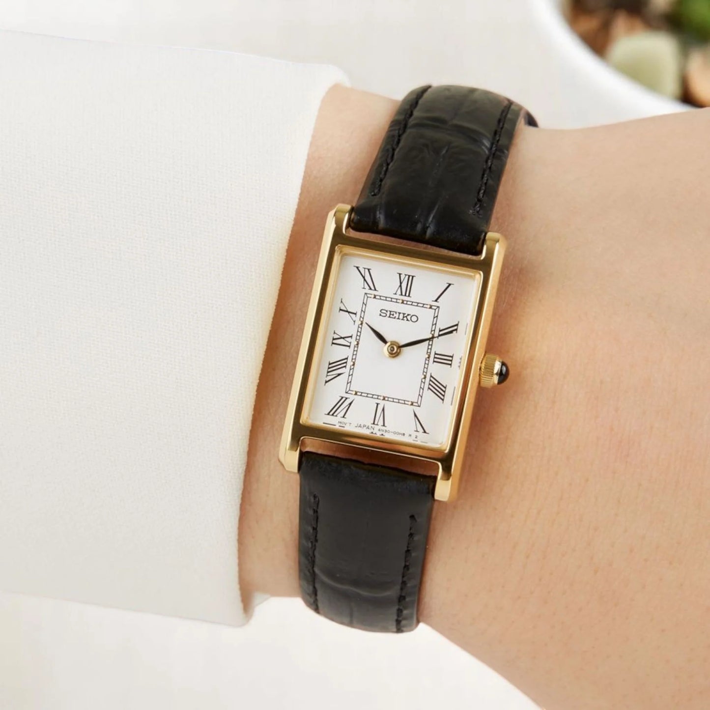 Seiko Tank White Dial Black Leather Strap Ladies Watch - SWR054P1