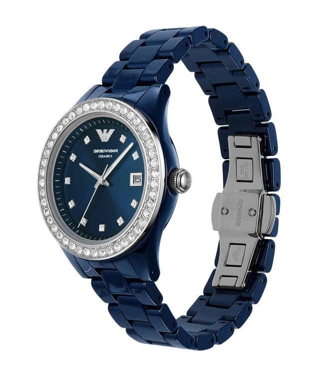 Emporio Armani Three hand blue ceramic ladies watch- AR70012