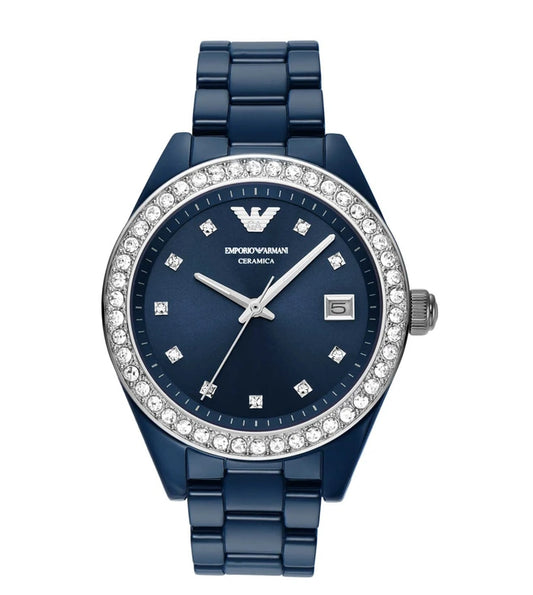 Emporio Armani Three hand blue ceramic ladies watch- AR70012