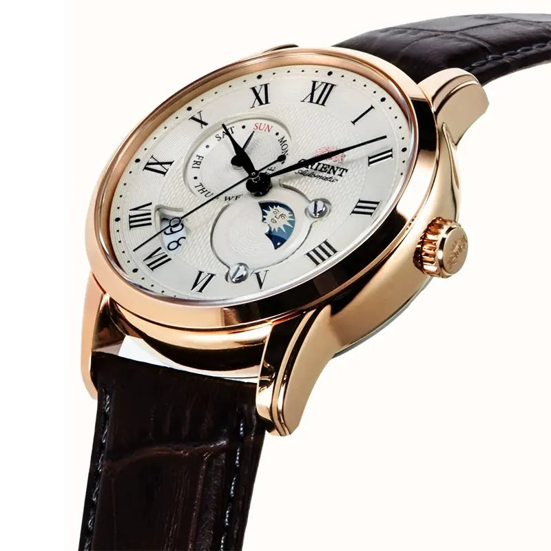 Orient Sun & Moon Ivory Dial Brown Leather Strap Automatic Men's Watch - RA-AK0007S30B