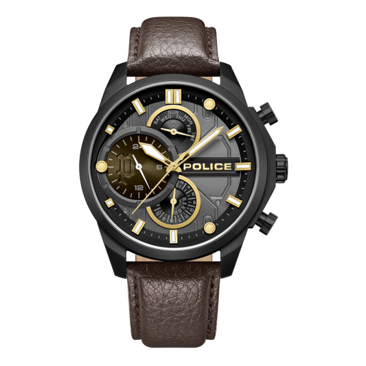 POLICE Brown Leather Strap Gilt & Black Diel Men's Watch-PEWGF0039203
