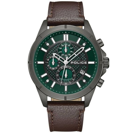 POLICE Green Dial Brown Leather Strap Men's Watch-PEWGC0054002