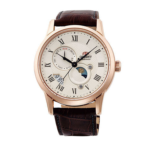 Orient Sun & Moon Ivory Dial Brown Leather Strap Automatic Men's Watch - RA-AK0007S30B