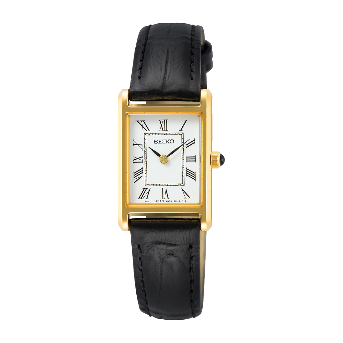 Seiko Tank White Dial Black Leather Strap Ladies Watch - SWR054P1