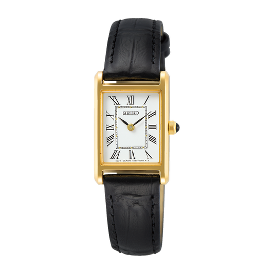 Seiko Tank White Dial Black Leather Strap Ladies Watch - SWR054P1