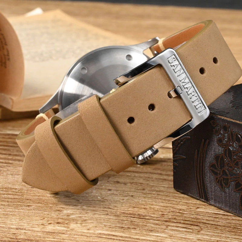 San Martin Grey Black Dial Leather Strap Men's Watch - SN0105-G