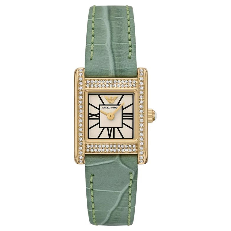 Emporio Armani Two-Hand Green Leather White Dial Ladies Watch - AR11661