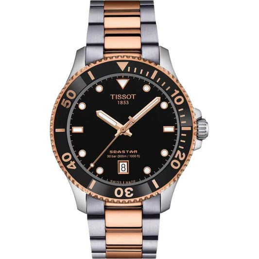 Tissot Seastar Quartz Black Dial Silver– Rose Gold Tone Strap Men's  Watch - T120.410.22.051.01