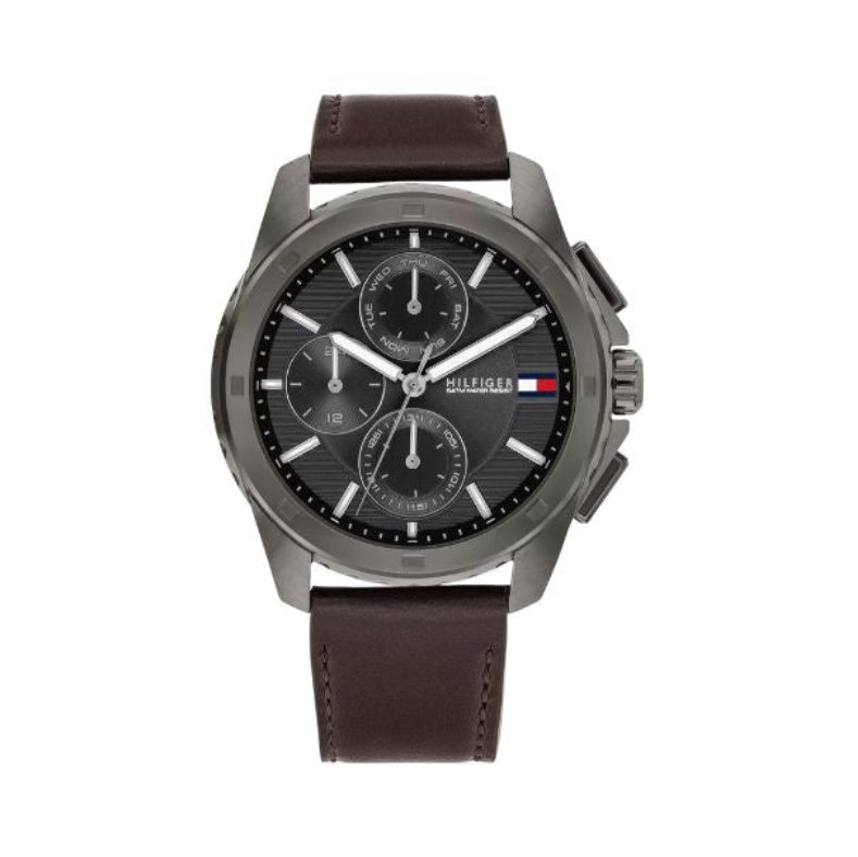 Tommy Hilfiger Grey Dial Brown Leather Strap Chronograph Men's Watch - 1710623