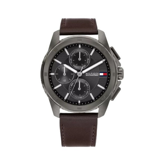 Tommy Hilfiger Grey Dial Brown Leather Strap Chronograph Men's Watch - 1710623