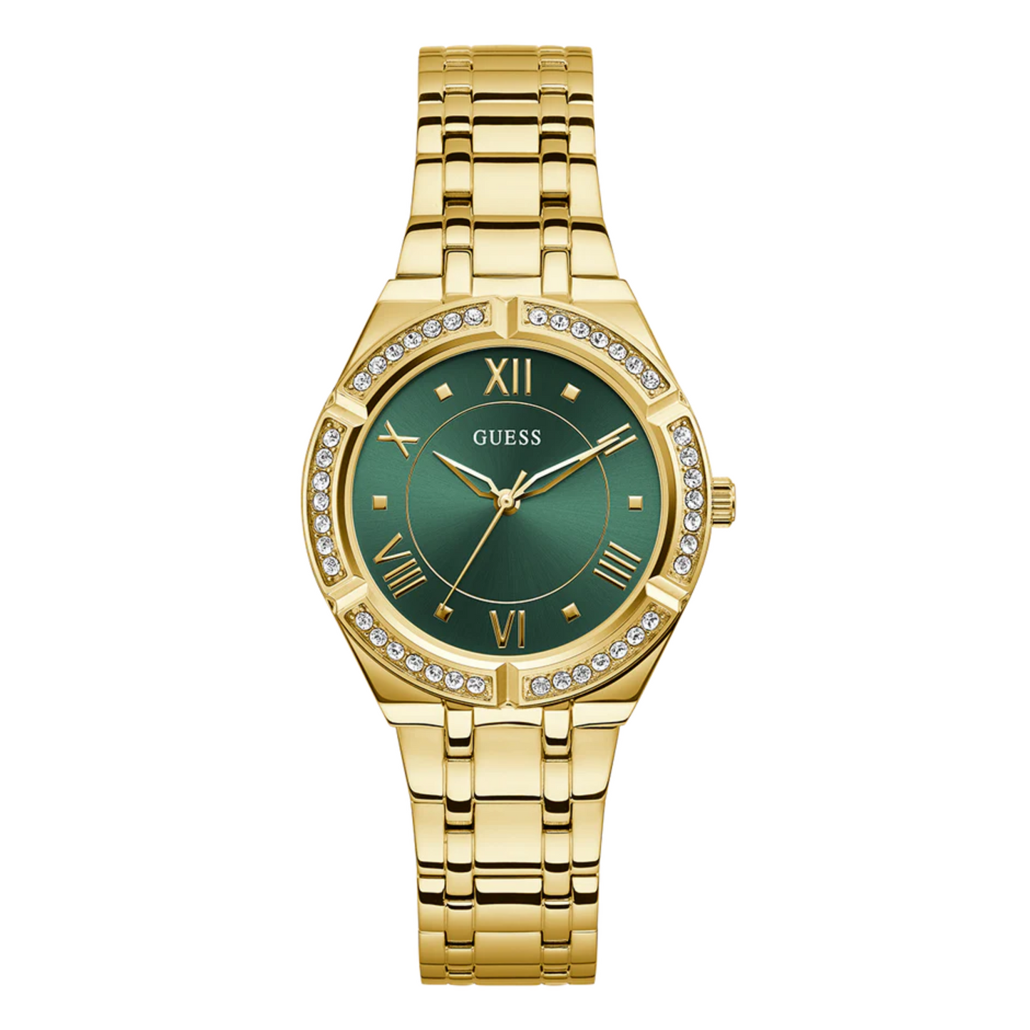 Guess Gold Tone Green Dial Three Hand Ladies Watch- GW0033L8