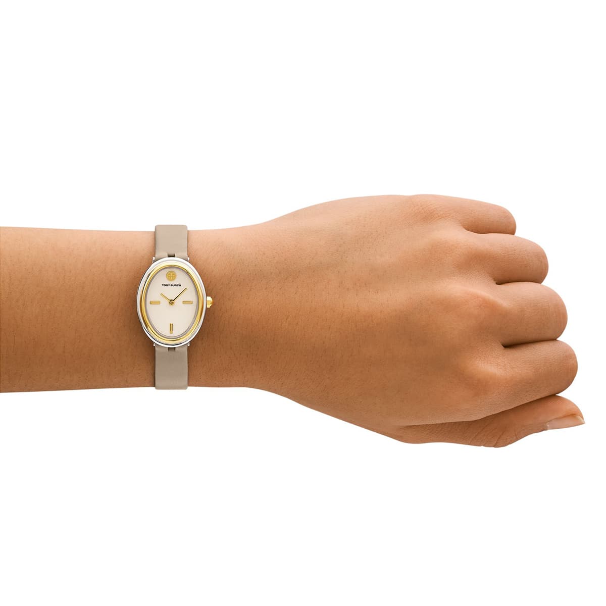 Tory Burch The Oval Cream Dial Gray Leather Strap Ladies Watch - TBW6031