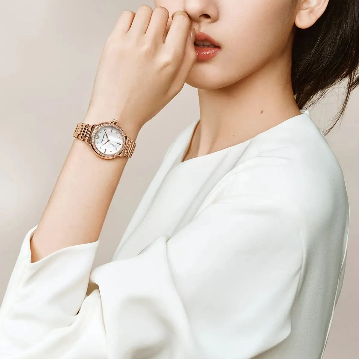 Emporio Armani White Dial Rose Gold Strap Ladies Watch - AR11523