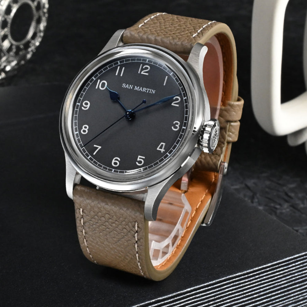 San Martin Grey Black Dial Leather Strap Men's Watch - SN0105-G