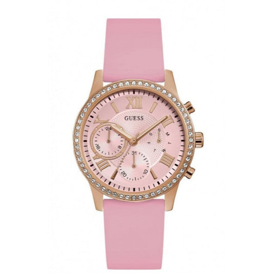 Guess Pink Rubber Strap Multifunction Ladies Watch- 1135L2