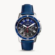 Fossil Grant Chronograph Blue Dial Blue Leather Strap Men's Watch- FS5373