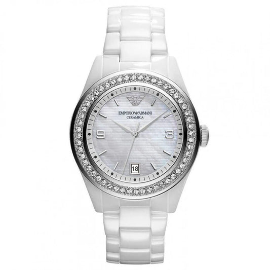 Emporio Armani White Ceramic Mother of pearl dial ladies watch- AR1426