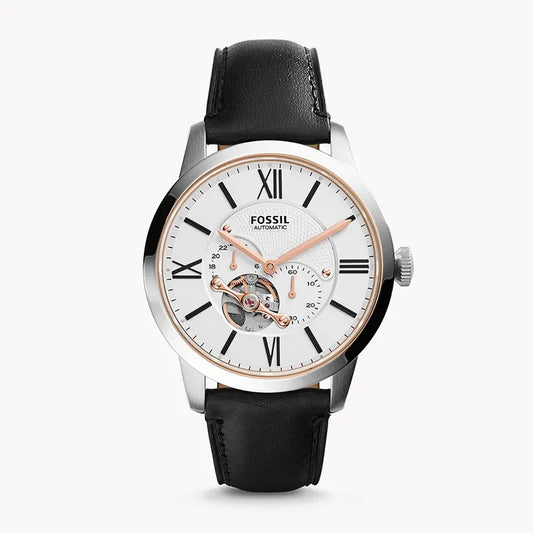 Fossil Townsman White Dial Black Leather Strap Men's Mechanical Watch- ME3104