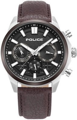 POLICE Black Matt Diel Dark Brown Leather Strap Men's Watch-PEWJF0021040