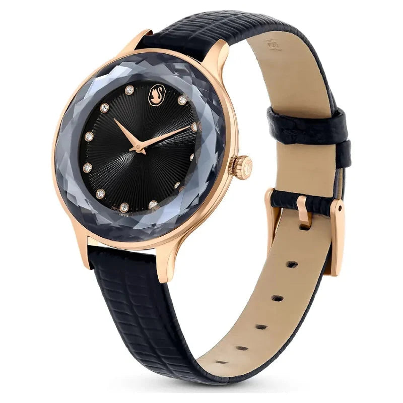 Swarovski Octea Nova Black Dial Black Leather Strap Ladies Watch - 5650033