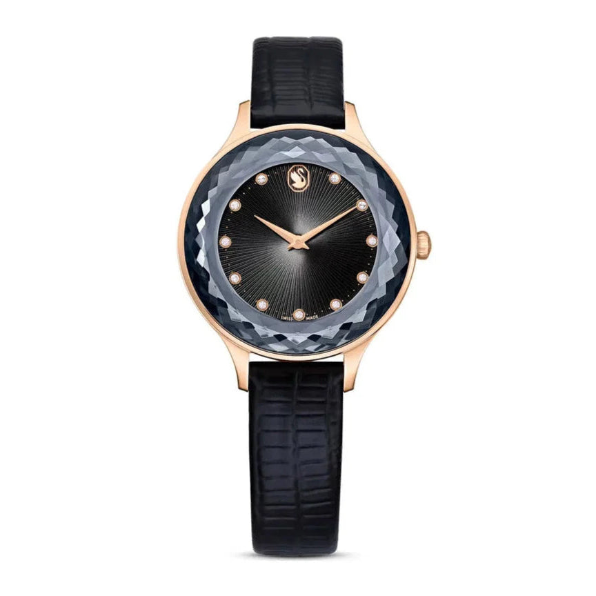 Swarovski Octea Nova Black Dial Black Leather Strap Ladies Watch - 5650033