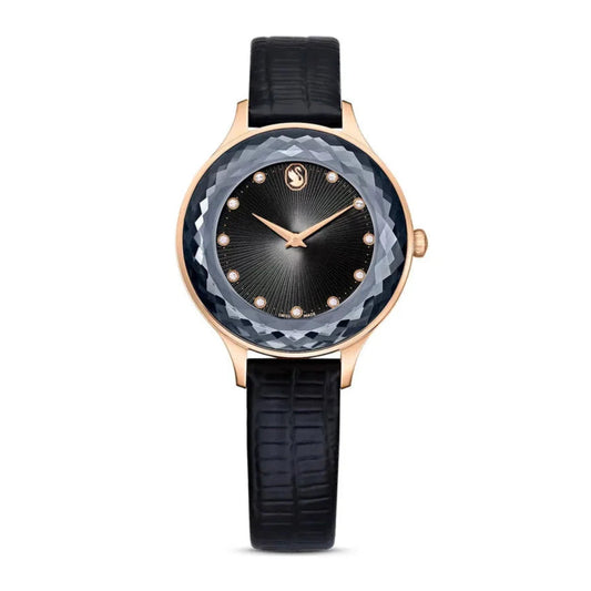 Swarovski Octea Nova Black Dial Black Leather Strap Ladies Watch - 5650033