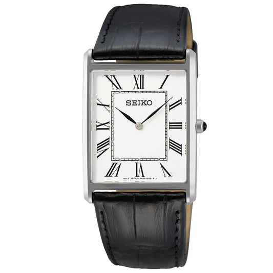 Seiko Essentials (Seiko Tank) White Dial Leather Strap Men's Watch - SWR049P1