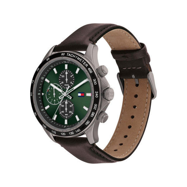 Tommy Hilfiger Green Dial Leather Strap Men's Chronograph Watch- 1792017