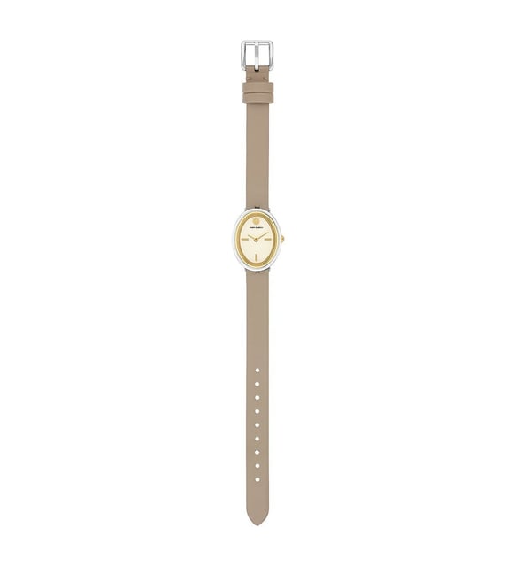 Tory Burch The Oval Cream Dial Gray Leather Strap Ladies Watch - TBW6031