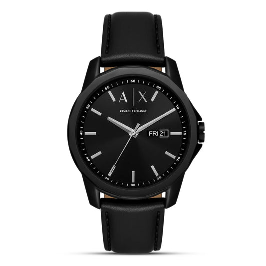 Armani Exchange Day Date Black Leather Strap Men's Watch-AX7147
