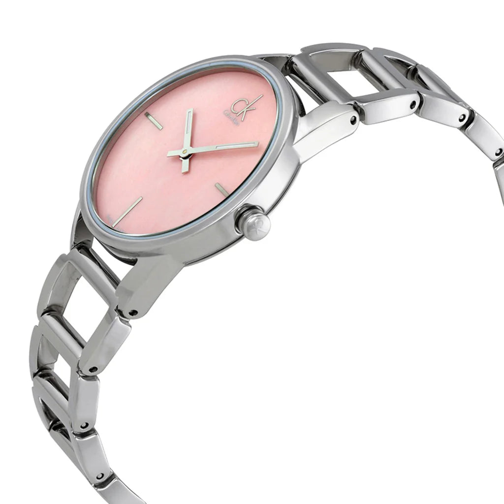 Calvin Klein Stately Pink Mother of Pearl Dial Silver Strap Ladies Watch - K3G2312E