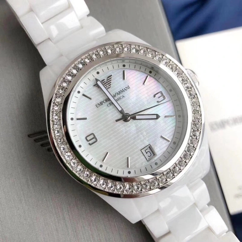 Emporio Armani White Ceramic Mother of pearl dial ladies watch- AR1426